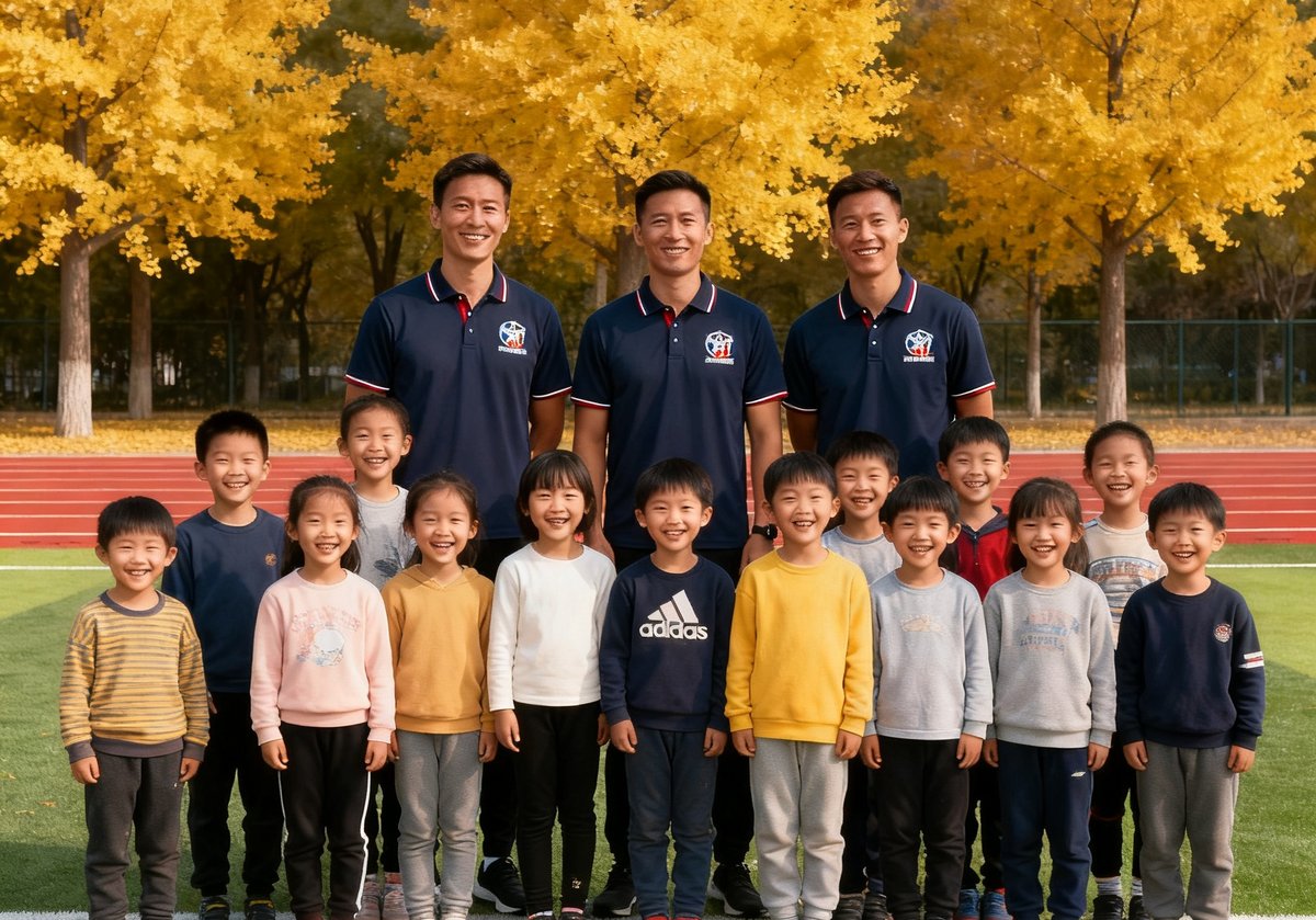 三位身穿球探体育品牌polo衫的创始教练与30多名不同年龄段的学员在户外绿茵场上合影，背景是初秋的银杏树和红色塑胶跑道，每个人脸上都露出灿烂的笑容。