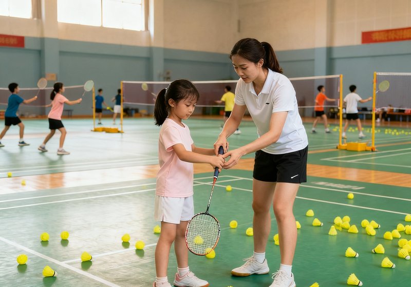 宽敞明亮的羽毛球馆内，一位女教练正手把手教一个约10岁的女孩调整握拍姿势，地上散落着黄色羽毛球，背景中其他学员在进行对打练习。