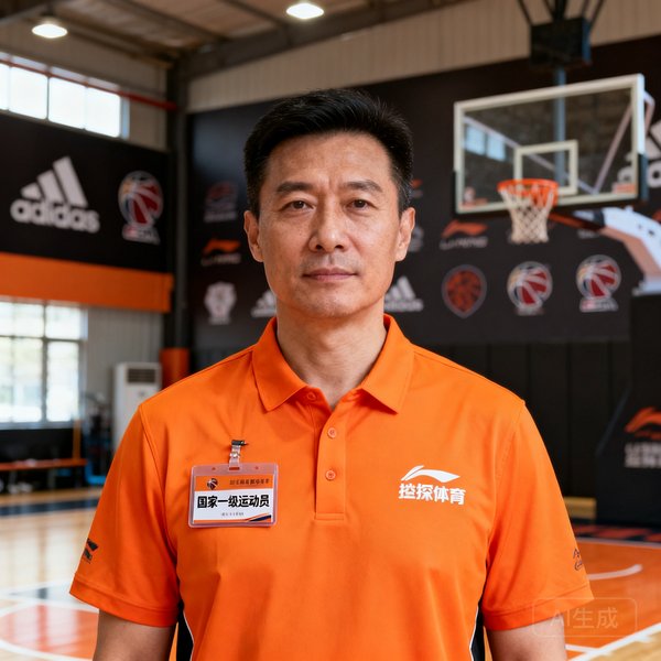 张力教练的正面半身照，他身穿球探体育橙色教练服，胸牌上清晰可见国家一级运动员标识，背景是训练馆的篮球架和品牌logo墙。
