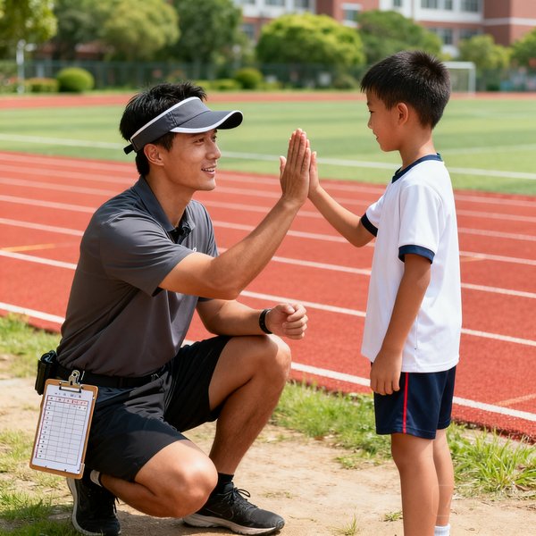 王思远教练在户外田径场边蹲着与一名小学员击掌，他戴着遮阳帽，腰间挂着训练记录板，远处是红色塑胶跑道和郁郁葱葱的校园绿化。