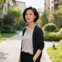 一位短发干练的女士照片，她身着休闲装站在户外，身后是小区绿化景观。