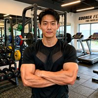 一位身材健硕的男士正面照，他穿着运动T恤，手臂交叉在胸前，站在训练馆的器械区前。